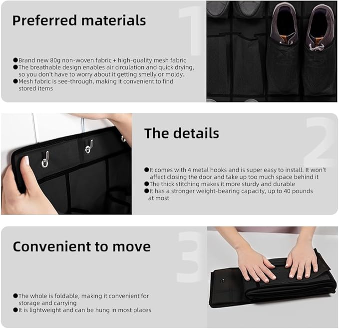 Over the Door Shoe Organizer with 28 Breathable Mesh Pockets - Hangs on Closets for Shoes, Accessories,Back to School Organizer for Dorm Room College Classroom Storage (Black)
