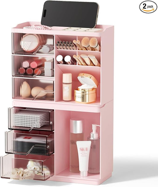 Small Makeup Organizer with Drawers, Stackable Bathroom Couneter Organizer with Phone Holder, Versatile Vanity Organizer Countertop, Cosmetic Organizer for Makeup Brush, Skin Care, Lotion -Pink,2Pack