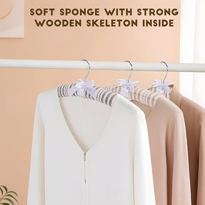 12 Pack Cotton Stripe Padded Hangers for Sweaters, 16 Inch Extra Large Rustic Style Non-Slip Coat Hangers for Women Clothing, Dresses, Lingerie, No Shoulder Bumps, Closet Organizer (Beige)
