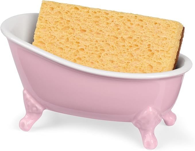 6.1" Vintage Ceramic Mini Decorative Clawfoot Bathtub Bar Soap Dish, Kitchen Sponge Holder and Shower Tray for Bathroom, 1 Pack (Pink)