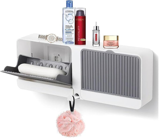 Soap Holder with Hooks, 2-in-1 Wall Mounted Soap Dish, No Drilling Soap Bar Holder with Self Draining to Keep Soap Bars Dry, Suit for Shower, Bathroom and Kitchen(Gray)
