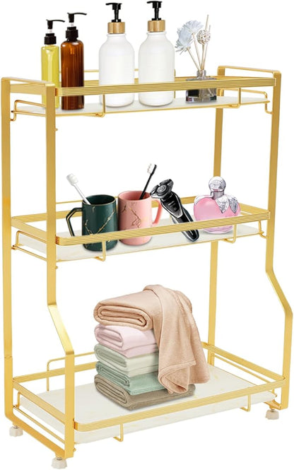 3 Tier Bathroom Countertop Organizer, Gold Bathroom Vanity Counter Organizer with Small Storage Basket for Skincare Makeup Perfume (White)