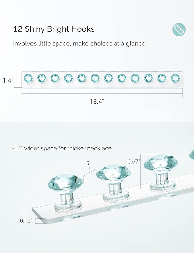 Mymazn Acrylic Necklaces Holder Wall Mounted Necklace Hangers Hanging Jewelry Organizer with 12 Hooks, Clear Jewelry Hangers for Necklace Organizer for Women, Necklace Hooks for Wall, Closet