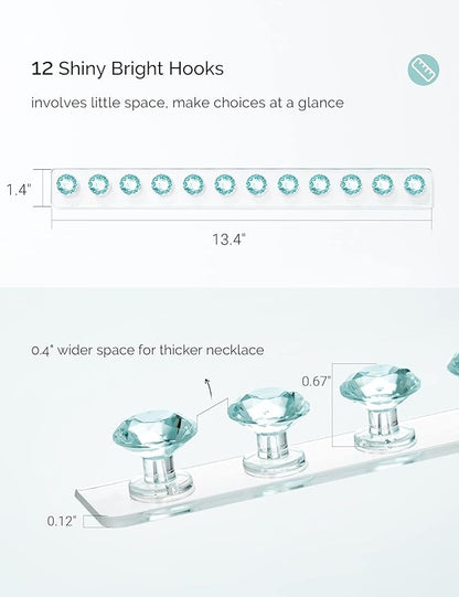 Mymazn Acrylic Necklaces Holder Wall Mounted Necklace Hangers Hanging Jewelry Organizer with 12 Hooks, Clear Jewelry Hangers for Necklace Organizer for Women, Necklace Hooks for Wall, Closet