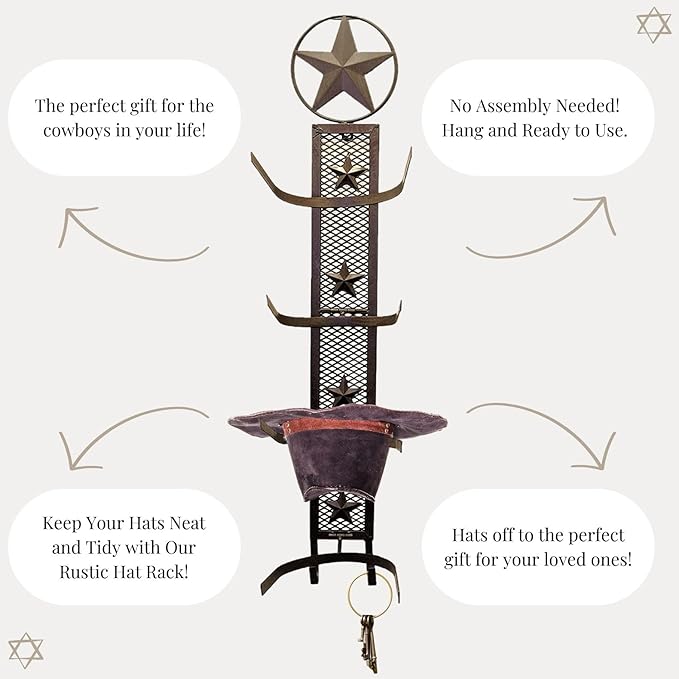 BestGiftEver Metal Star 4 Cowboy Hat Rack Fold-Up Wall Hanging Decoration Rustic Western Style - Rustic Metal Cowboy Hat Display Organizer on Wall Mount