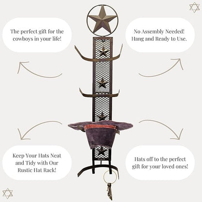 BestGiftEver Metal Star 4 Cowboy Hat Rack Fold-Up Wall Hanging Decoration Rustic Western Style - Rustic Metal Cowboy Hat Display Organizer on Wall Mount