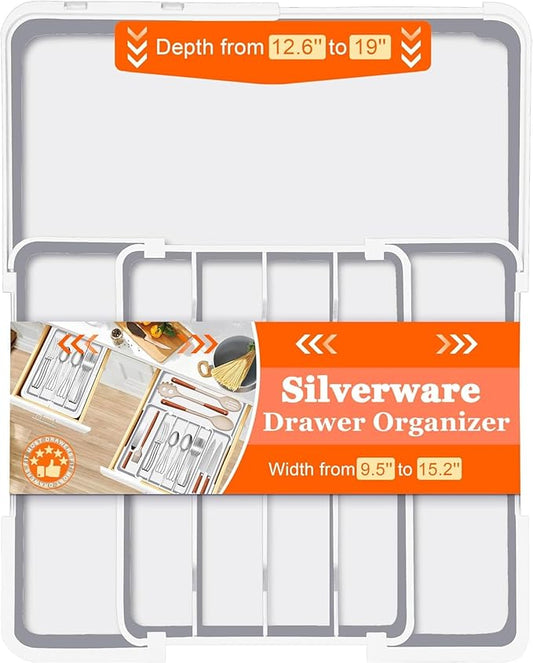 Silverware Organizer Expandable Utensil Drawer Organizer Adjustable Drawer Organizer, Flatware Cutlery Silverware Tray for Spoons Forks Knives Kitchen Organizers Storage (White)