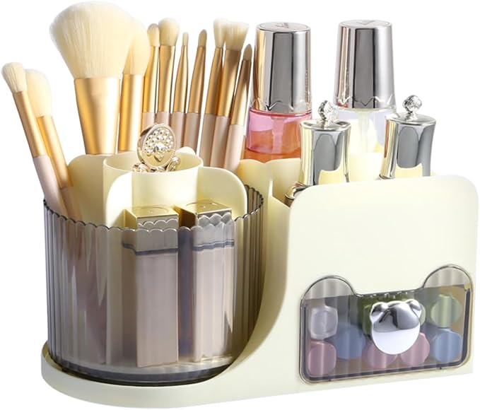 DASITON Makeup Organizer with Drawer, 360° Rotating Makeup Brush Holder, Makeup and Skincare Storage Box, Make Up Organizers for Vantiy, Desktop, Bathroom Countertop, Cosmetic Display Case (Cream)
