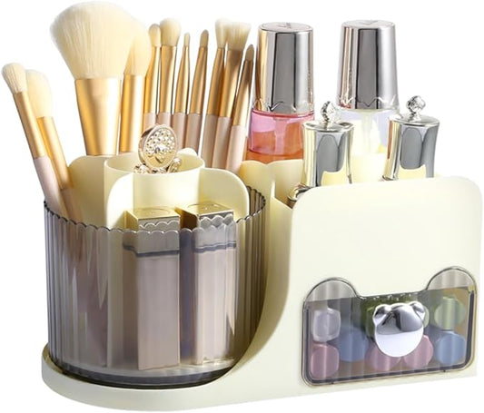 DASITON Makeup Organizer with Drawer, 360° Rotating Makeup Brush Holder, Makeup and Skincare Storage Box, Make Up Organizers for Vantiy, Desktop, Bathroom Countertop, Cosmetic Display Case (Cream)