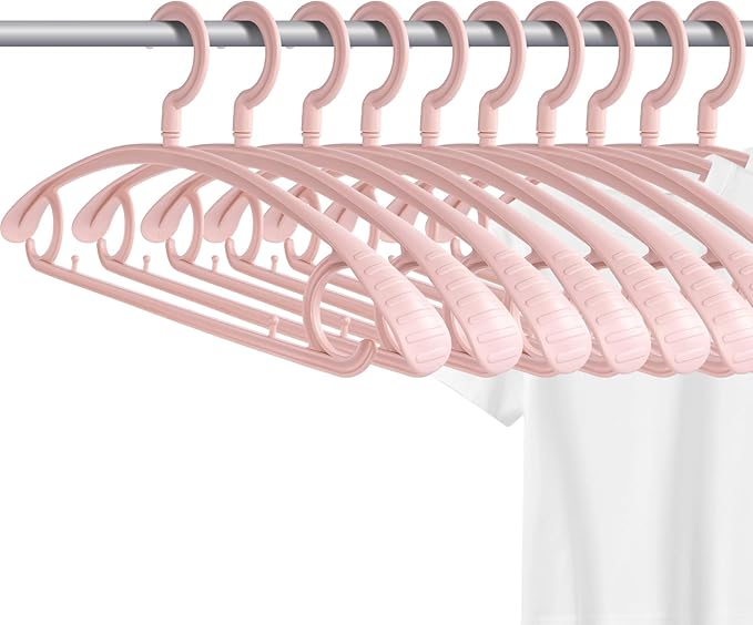 Plastic Clothes Hanger, Extra Thick Plastic Wide Shoulder Adult 360 Degrees Rotate Slip Resistant Standard Clothing Hanger Ideal for Everyday Use Pink 10 Pack