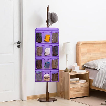 Dual Sided Hanging Shoe Organizer for Closet with Rotating Hanger Hanging Shoe Rack Holder with 24 Large Pockets (Purple-Clear Pockets)