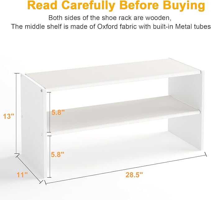 Cidaziya 2 Pack 2 Tier Small White Shoe Rack for Closet, Stackable Shoe Shelf Organizer for 9-12 Pairs of Shoes, Portable Wood and Cloth Structure, Small Shoe Storage Organizer, Size 28.5"* 11" * 13"