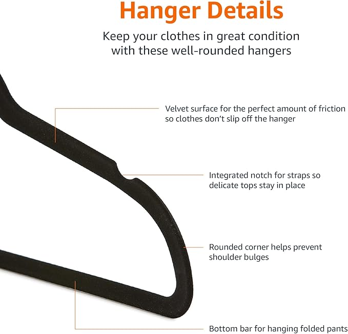 Amazon Basics Kids Space Saving Velvet Non-Slip Clothes Hangers with Shoulder Notches for Infant and Toddler, 11.6", Black, 50-Pack
