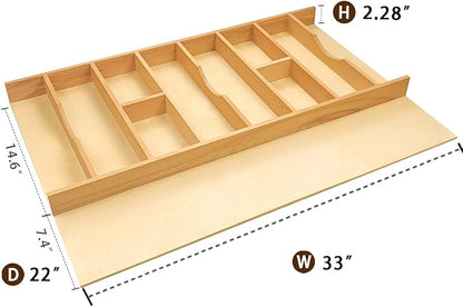 Silverware Drawer Organizer - Trim-to-Fit with Adjustable Dividers for Kitchen Utensil Storage, Beech Wood Frame with 11 Sizes (33" W x 22" D)