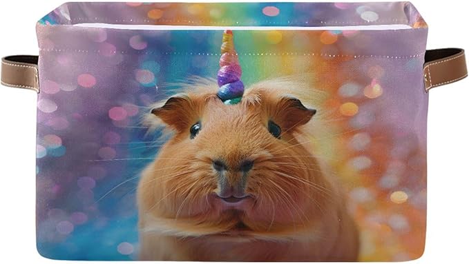 Large Storage Basket Rainbow Guinea Pig Unicorn Storage Bin Cube Canvas Fabric Organizer Handles Collapsible for Clothes Toys Bedroom Decorative