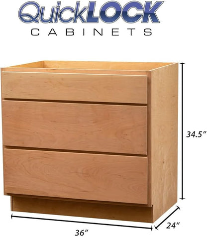 Quicklock RTA (Ready-to-Assemble) | Base Kitchen Cabinets - Shaker Style | Made in America (Raw Cherry, 36" Wx34.5 Hx24 D 3 Drawer)