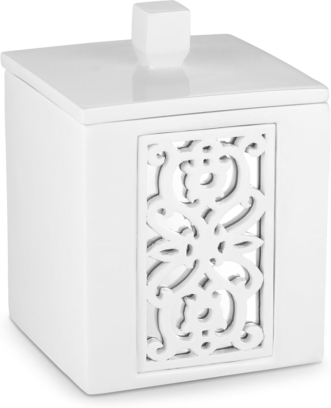 Creative Scents Mirror Janette White Qtip Holder With Lid - Decorative Cotton Ball Jar - Durable Cotton Swab Container - Beautiful Bathroom Vanity Accessories - Elegant Bath Storage