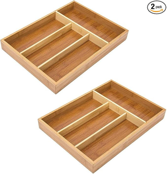 2 Pack Utensil Bamboo Silverware Organizer - 4 Compartments - Bamboo Hardware Jewelry Drawer Holder Kitchen Knives Tray Organizer