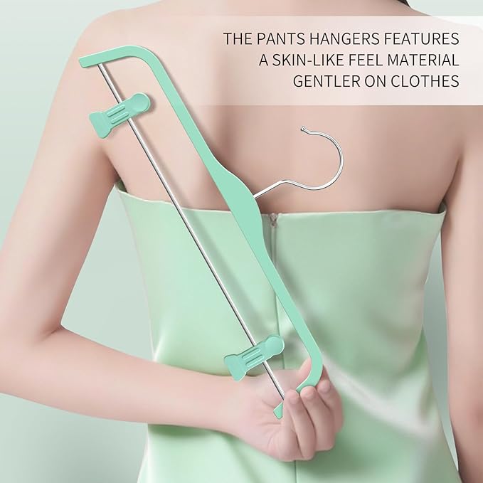 HUADYMEET 10 Pack 14 Inch Pants Skirt Hangers Non Slip,Plastic Jeans Trousers Hangers with Adjustable Clips and Swivel Hook for Women,Men,Heavy Duty Space Saving Clothes Hanger for Shorts,Slacks,Green