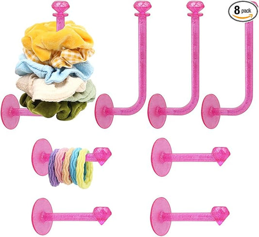 8Pcs Scrunchie Holder Stand Hai Tie Organizer, Girls Hair Accessories Organizer Storage for Headband Hairband Hair Ties, Acrylic Clear Glitter Adhesive Scrunchy Holder Scrunchie Tower Storage