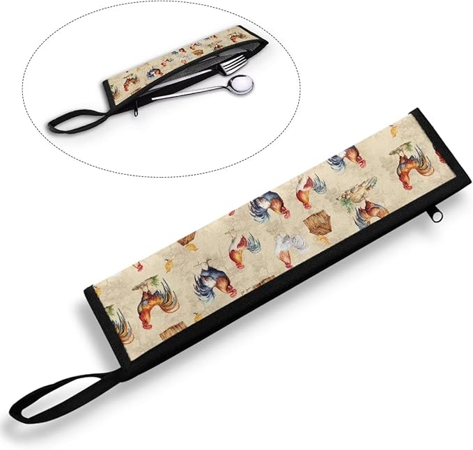 Rooster Outdoor Tableware Storage Bag Cutlery Carry Case Camping Utensil Bag Flatware Organizers for Park Backpacking Traveling 11.8 Inch Picnic Pouch Case