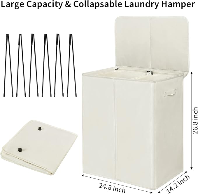 WOWLIVE 154L Double Laundry Hamper with Lid and Removable Laundry Bags, Large Dirty Clothes Hamper 2 section Collapsible Laundry Basket Dorm Room Storage for Bedroom, Bathroom, College,Beige