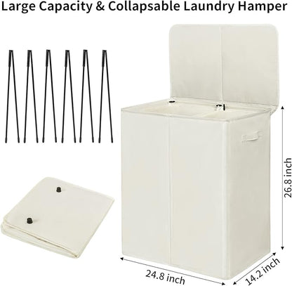 WOWLIVE 154L Double Laundry Hamper with Lid and Removable Laundry Bags, Large Dirty Clothes Hamper 2 section Collapsible Laundry Basket Dorm Room Storage for Bedroom, Bathroom, College,Beige