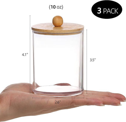 Tbestmax 10 Oz Cotton Swab/Ball/Pad Holder, Qtip Apothecary Jar, Clear Bathroom Containers Dispenser for Storage 3 Pack Wood Lids