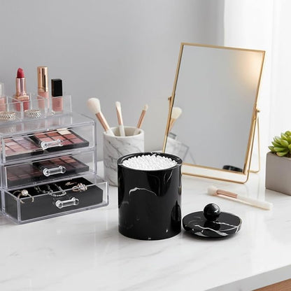 Bathroom Qtip Holder Dispenser with Lid,Vanity Cotton Swab Holder,Resin Cotton Ball Container,Makeup Sponges Cosmetics Canister,Bath Salts Storage Box for Bathroom (Marble Black)