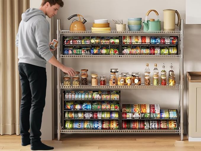 3 Tier Stackable Can Rack Organizer for Pantry Shelf, Adjustable Extra-Long Can Holder for Kitchen Storage, Sturdy Standing Rolling Can Dispenser for Canned Food Goods Drink Soup up to 96, Black