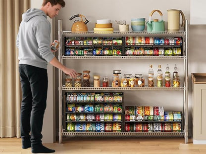3 Tier Stackable Can Rack Organizer for Pantry Shelf, Adjustable Extra-Long Can Holder for Kitchen Storage, Sturdy Standing Rolling Can Dispenser for Canned Food Goods Drink Soup up to 96, Black