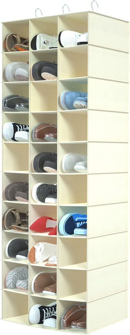 Libeder Hanging Closet Organizers 30 Section Shoe Shelves, Shoe Storage Hanging Shoe Holder, Breathable No-wover Fabric for Shoes, Beige