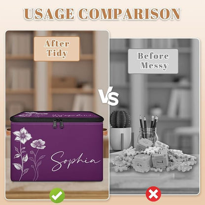 Custom Flower Storage Bins with Lid, Foldable Personalized Storage Basket Boxes with Handle Purple Shelf Basket Closet Organizer Cube