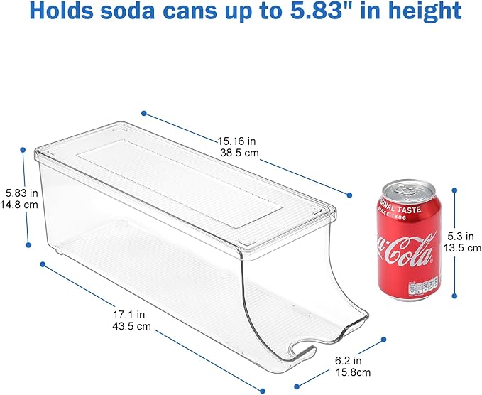 Puricon 2 Pack Soda Can Organizer Dispenser for Refrigerator, Plastic Canned Food Pop Beverage Container Holder Storage Bin with Lid for Freezer Rack Pantry Cabinet Cupboard Kitchen -Standard