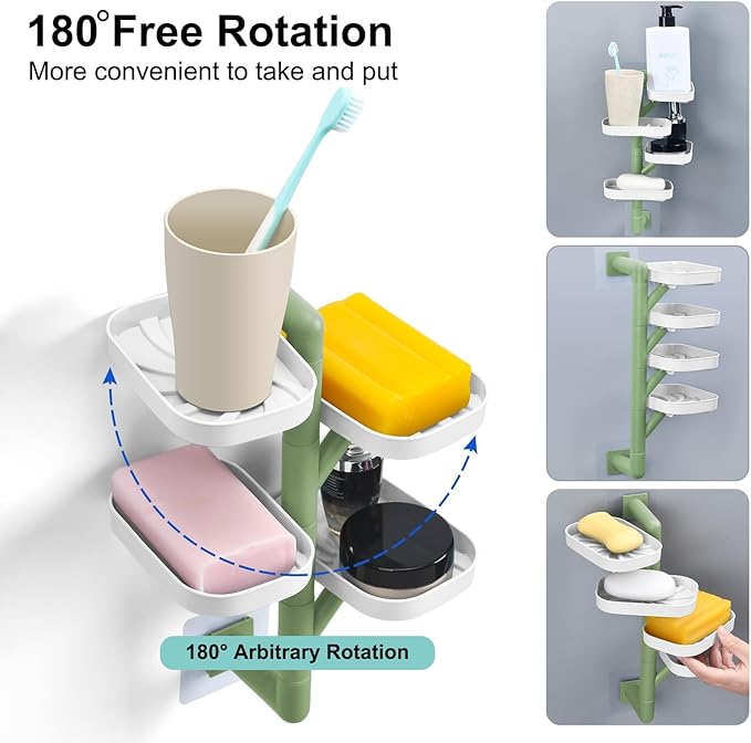 Soap Holder Four Layer Wall Mounted NO-Drilling Rotatable Self-draining Removable Soap Dish for Shower Bathroom Tray,Self Draining Sponge Holder,Razor Holder（White/Green）
