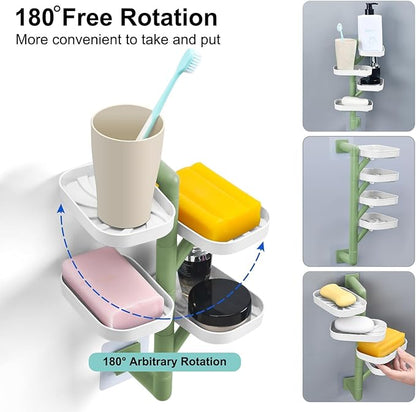 Soap Holder Four Layer Wall Mounted NO-Drilling Rotatable Self-draining Removable Soap Dish for Shower Bathroom Tray,Self Draining Sponge Holder,Razor Holder（White/Green）