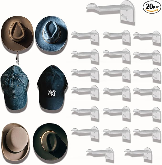 3 Inch Adhesive Hat Hooks for Wall(20-Pack), Cowboy Hat Rack, Strong Hold Hat Hangers, No Drilling, Hat Holder Organizer for Walt, Door, Closet