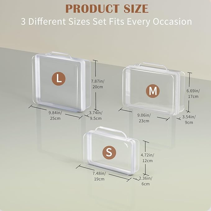 3PCS Clear Hard Shell Zipper Case, Portable Storage Box for Makeup, Toiletry, Travel, Durable and Waterproof Storage Bins, Grade Plastic Zipper Case, Cosmetic Bag (White)