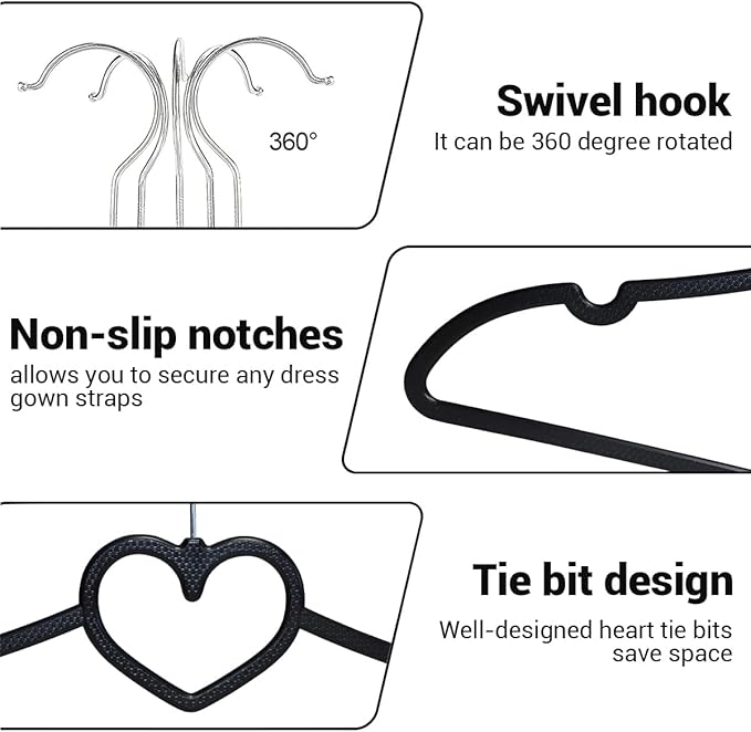 Plastic Hangers 50 Pack, Heart-Shaped Clothes Hanger Ultra Thin Space Saving - Black Slim Hangers with 360 Degree Swivel Hook & Travel Clothesline - Adult Coat Hangers for Dress, Shirts, Coats