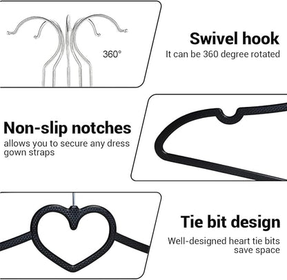 Plastic Hangers 30 Pack, Heart-Shaped Clothes Hanger Ultra Thin Space Saving - Black Slim Hangers with 360 Degree Swivel Hook & Clips -Strong Durable Adult Coat Hangers for Dress, Shirts, Coats