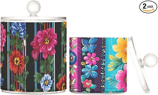 2 Pack Qtip Dispenser Apothecary Jars with Lids Cotton Round Holder Bathroom Canisters for Cotton Swab Floss Ball Pads Clear Plastic Decorative Fiesta Striped Mexican Flowers