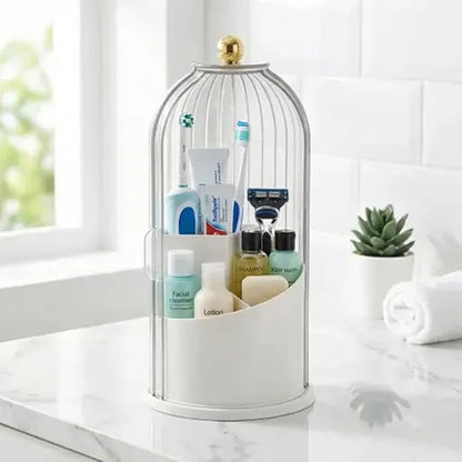 Makeup Brush Holder with Lid 360° Rotating 3-Compartment Makeup Organizers for Vanity, Waterproof & Dustproof Cosmetic Storage Box for Dressing Table (Transparent White)