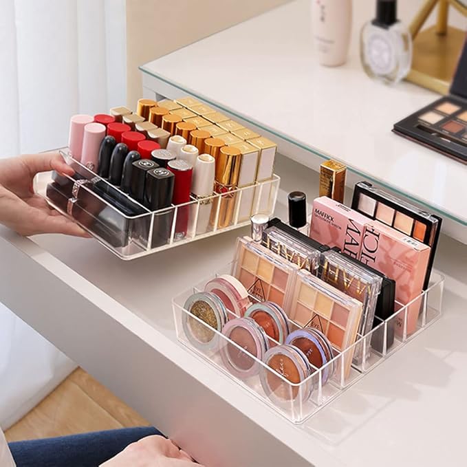 TWUTGAYW Eyeshadow Palette Organizer, Acrylic Clear Make Up Organizers and Storage Holder, Cosmetics Makeup Drawer Organizer for Vanity Bedroom 7 Section BPA Free Vanity Organizers and Storage