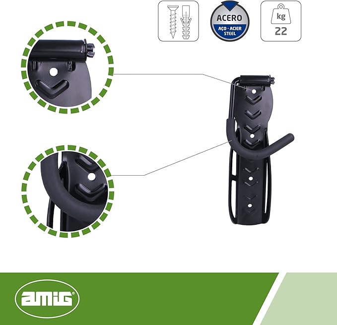Amig - Folding Bike Hanger | Wall Mount | Steel | Non-Slip Rubber Coating | Load Capacity: 22 kg