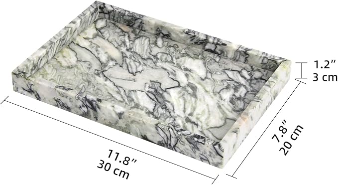 Marble Bathroom Vanity Tray, Natural Luxury Vanity Home Kitchen Bathroom Table Tray, Stone Decorative Countertop Dresser Trays for Key Coffee Perfume Jewelry Makeup (Green Emerald, 12"x 8" x1.2")