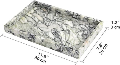 Marble Bathroom Vanity Tray, Natural Luxury Vanity Home Kitchen Bathroom Table Tray, Stone Decorative Countertop Dresser Trays for Key Coffee Perfume Jewelry Makeup (Green Emerald, 12"x 8" x1.2")