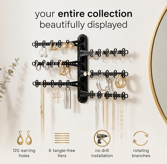 All Hung Up 6-Tier Wall Jewelry Organizer Wall Mounted Jewelry Organizer Necklace Holder Wall Mount Hanging Necklace Organizer Jewelry Hanger Hanging Earring Holder Organizer Display (Black)
