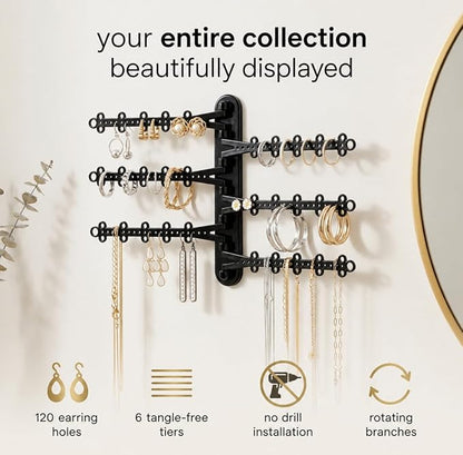 All Hung Up 6-Tier Wall Jewelry Organizer Wall Mounted Jewelry Organizer Necklace Holder Wall Mount Hanging Necklace Organizer Jewelry Hanger Hanging Earring Holder Organizer Display (Black)
