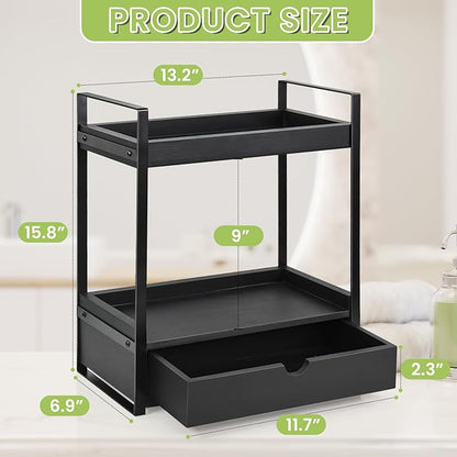 Ukonvi 2-Tier Bathroom Organizer Countertop with Drawer, Wood Counter Shelf for Storage, Vanity Tray for Organization and Decor, Countertop Organizer for Bathroom, Kitchen, Office (Black)