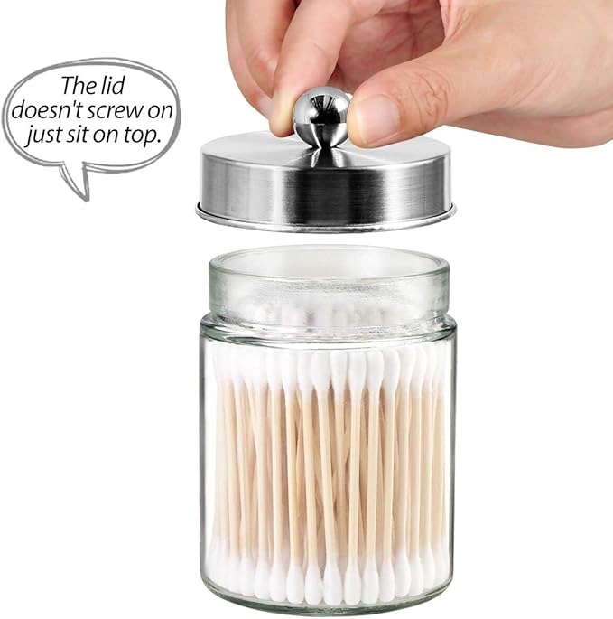 3PC Apothecary Jar Canisters Bathroom Vanity Organizer - Qtip Holder Storage Countertop & Stainless Steel Lids &Cute Stickers for Qtips,Cotton Swabs,Makeup Sponges,Floss (Brushed Nickel)